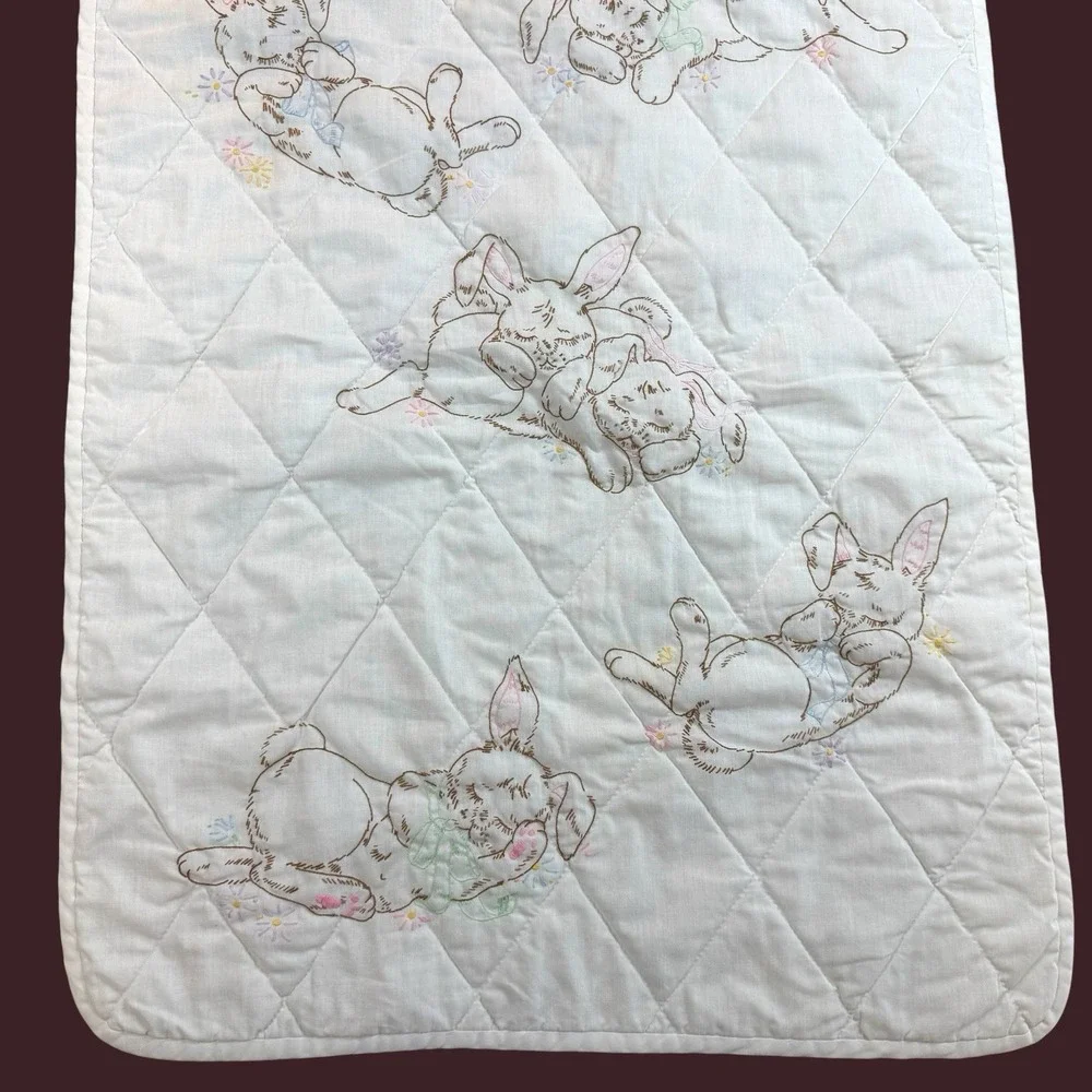 Vintage Baby Quilt Sleeping Bunnies Embroidered Crib Blanket Nursery 25x 32 1/2